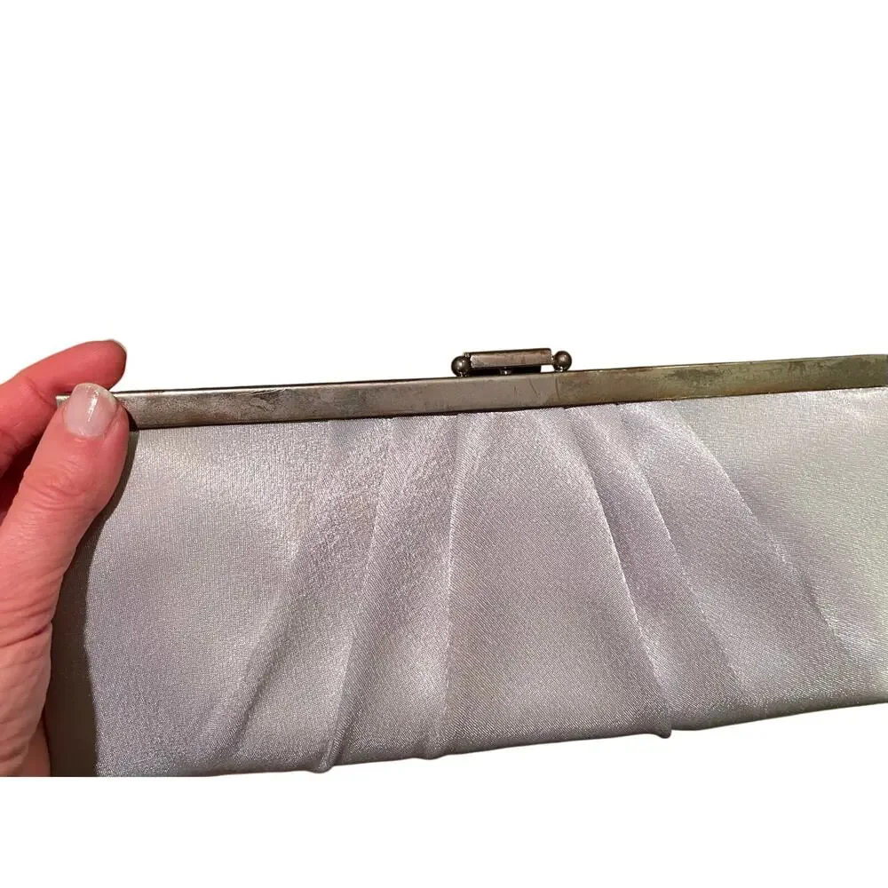 Jessica McClintock Silver Satin Clutch, Evening Clutch, Drop Chain, Clasp